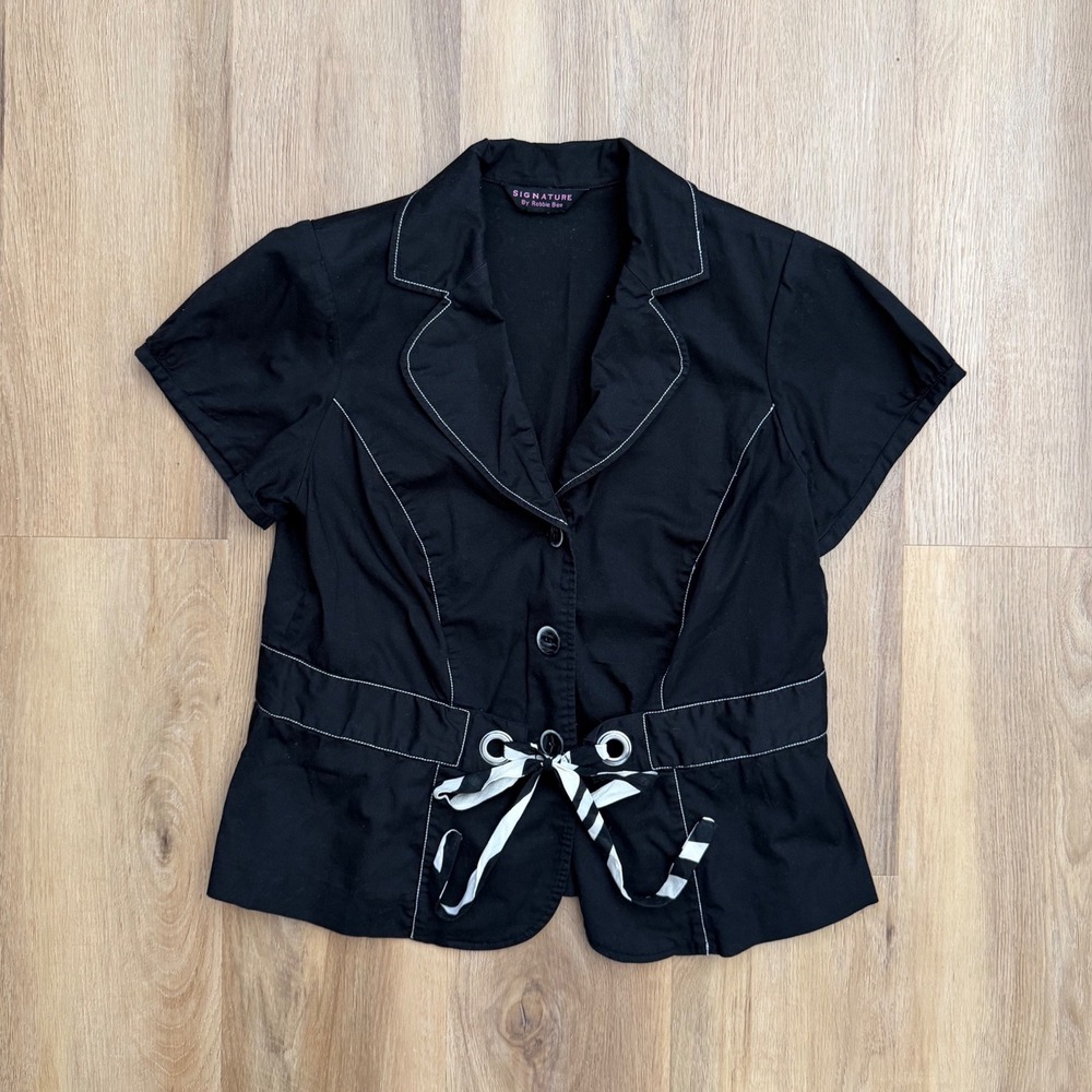 Black Short Sleeve Blazer Peplum Top Contrast Stitch M dark academia vintage y2k